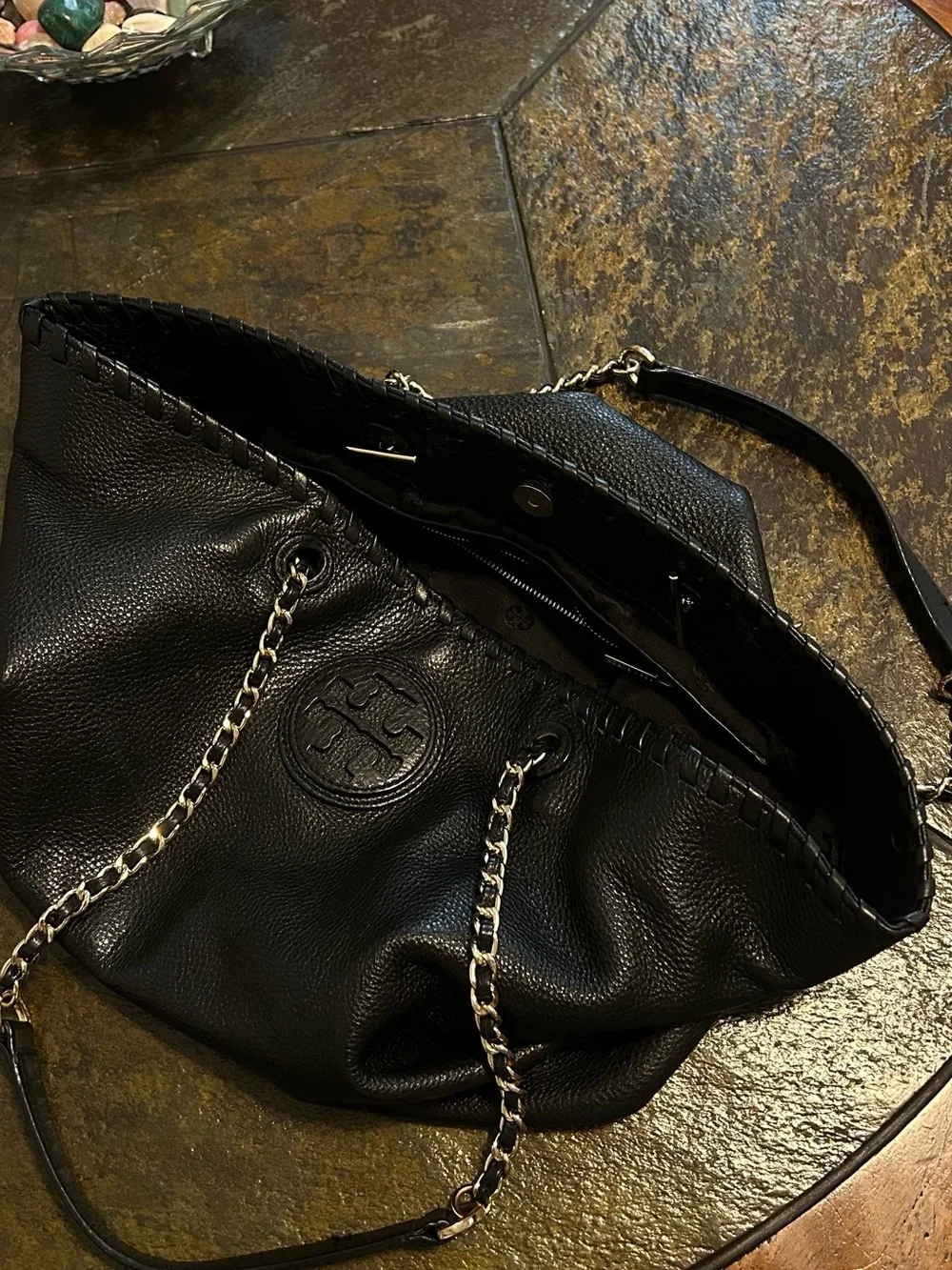 Tory Burch Black Pebbled Leather Chain-Handle Tote